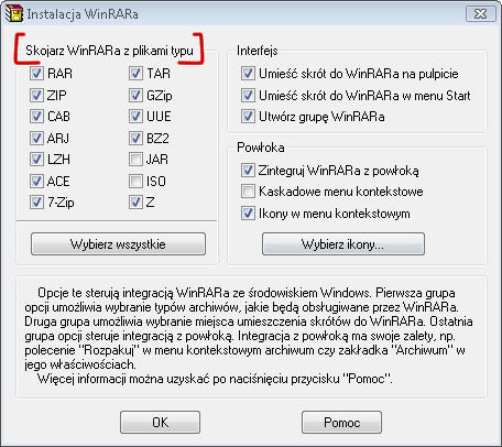 Ustawienia kojarzenia plików w WinRAR