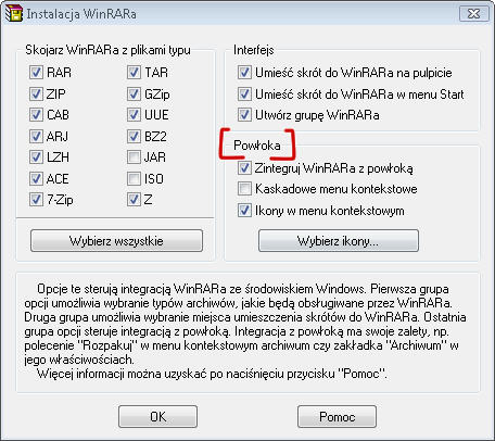 Integracja WinRAR'a z powłoką systemu